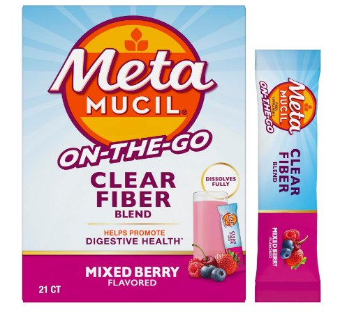 Metamucil Fiber Supplement, Clear Mixing Fiber Powder Stick Packs, Mixed Berry Flavor, On the go, Plant Based Prebiotic Fiber Supplement Blend for Daily Digestive Health, 21 Stick Packs