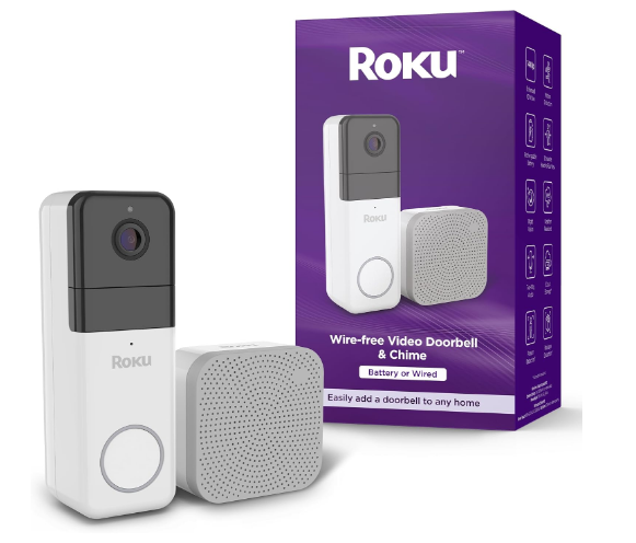 Roku Smart Home Wireless Video Doorbell & Chime - 1440p HD Night Vision Ultrawide View Doorbell Camera with Motion & Sound Detection, Works with Alexa & Google - 90-Day Subscription Included (Renewed)