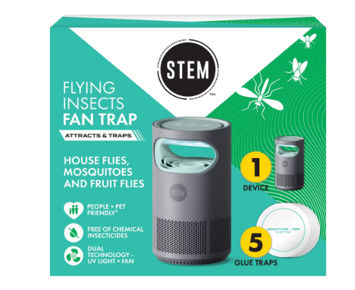 STEM Flying Insect Fan Trap, Rechargeable, Portable Indoor & Outdoor Mosquito, Gnat and Fruit Fly Trap with Timer, Pet-Friendly, Starter Kit Includes 1 Device + 5 Glue Traps