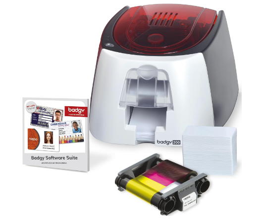 Badgy200 Plastic Card Printer with Badge Studio+ ID design software for full color, custom, tamper proof ID badges in seconds